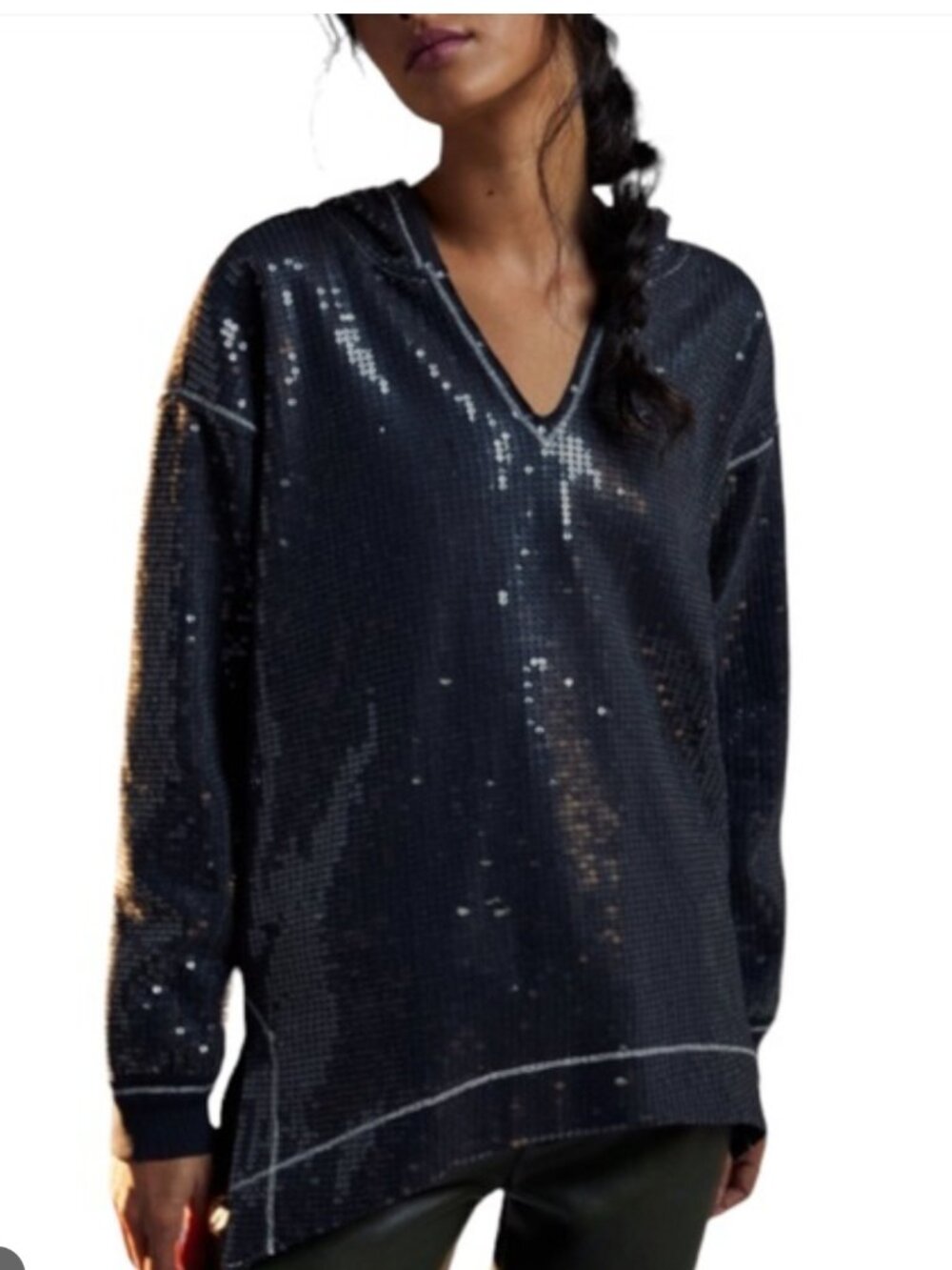 Anthropologie Gracie Sequined Tunic Hoodie black size XS etherial, glam, sparkle